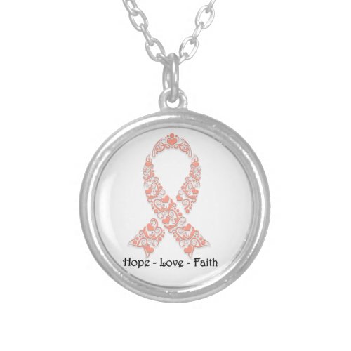 Hope Peach Awareness Ribbon Silver Plated Necklace