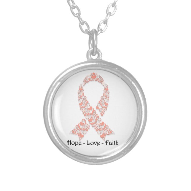 Hope Peach Awareness Ribbon Silver Plated Necklace (Front)