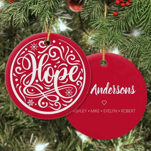 Hope Personalized Family Christmas Holiday Red Ceramic Ornament