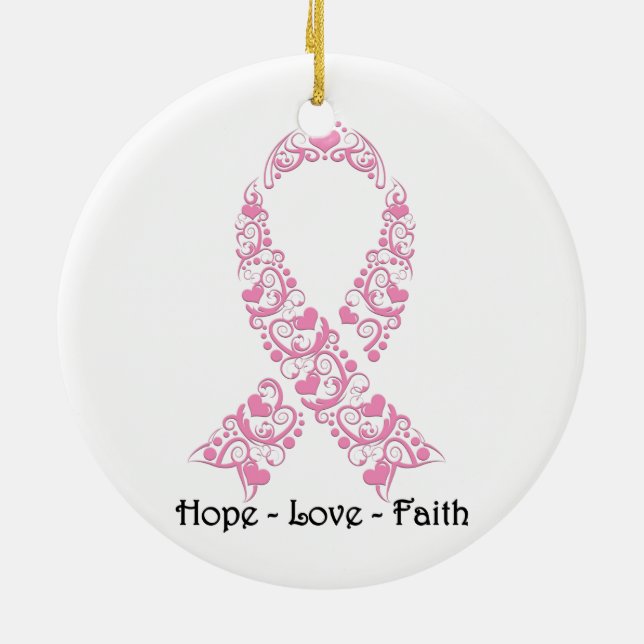 Hope Pink Awareness Ribbon Ceramic Ornament (Back)