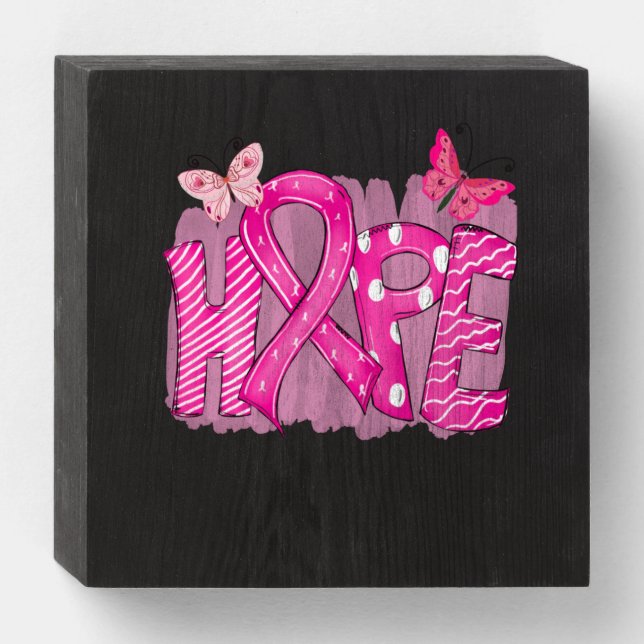Hope Pink Ribbon Breast Cancer Awareness (4) Wooden Box Sign (Front Horizontal)