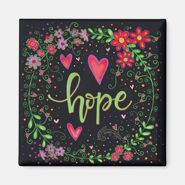 Hope Pretty Floral Hearts Inspirational Trendy Magnet (Front)