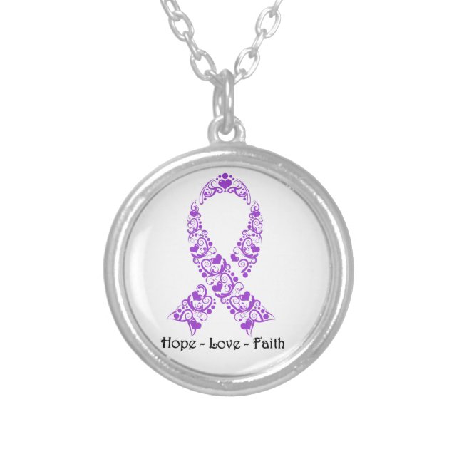 Hope Purple Awareness Ribbon Silver Plated Necklace (Front)