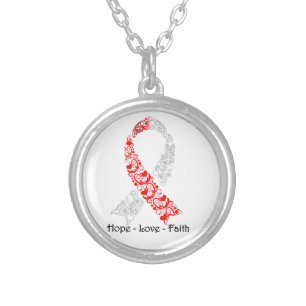 Hope Red and White Awareness Ribbon Silver Plated Necklace