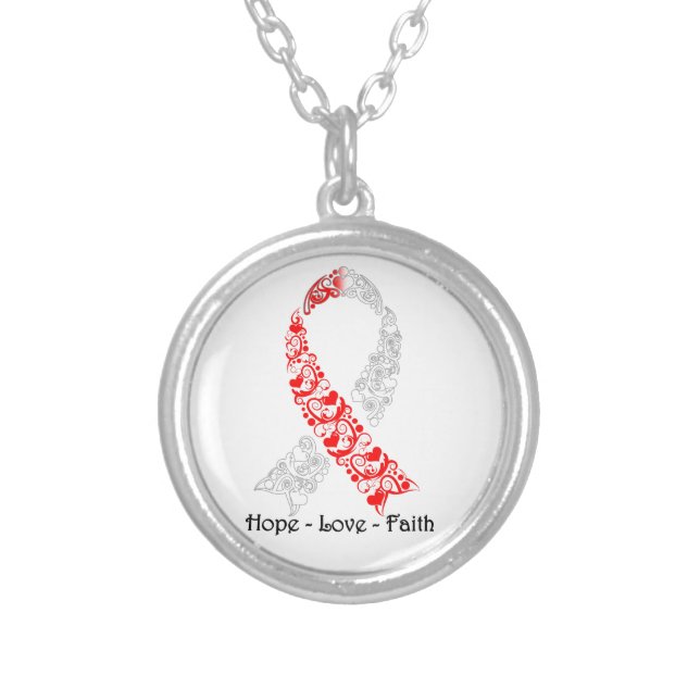 Hope Red and White Awareness Ribbon Silver Plated Necklace (Front)