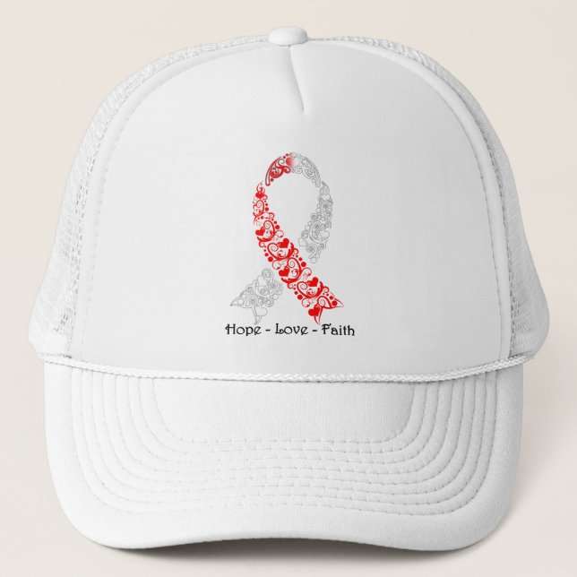 Hope Red and White Awareness Ribbon Trucker Hat (Front)
