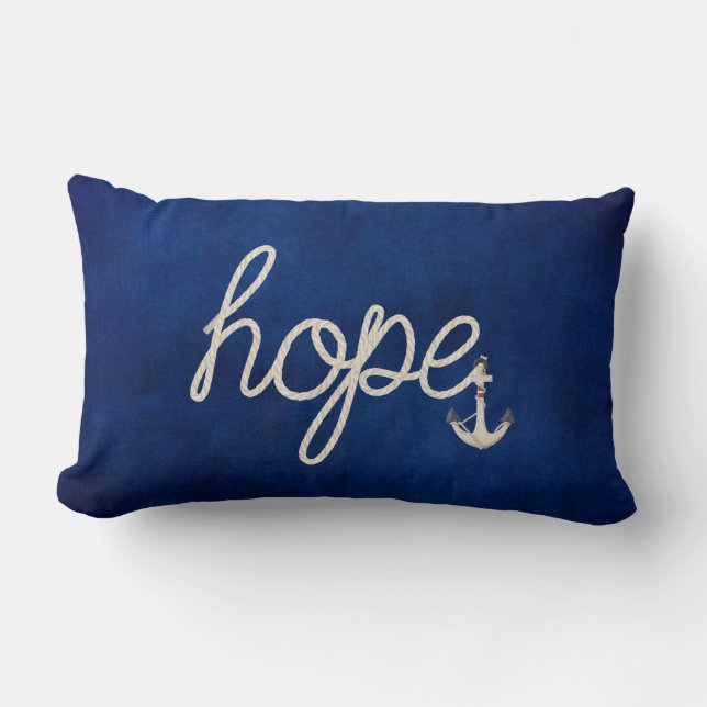 Hope rope text with anchor on dark blue lumbar pillow (Front)