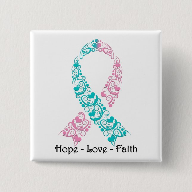 Hope Teal and Pink Awareness Ribbon Button (Front)