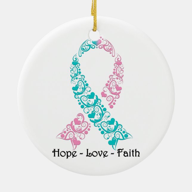 Hope Teal and Pink Awareness Ribbon Ceramic Ornament (Back)