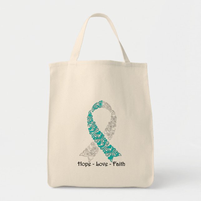 Hope Teal and White Hope Love Faith Tote Bag (Front)