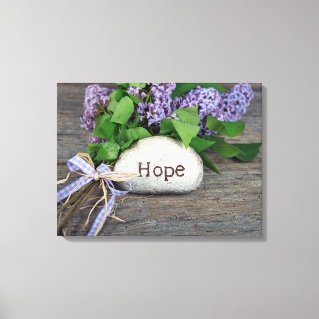 Hope text on rock with lilacs canvas print (Front)
