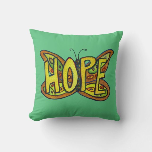 Hope Word Art Green Butterfly Accent Throw Pillows (Front)