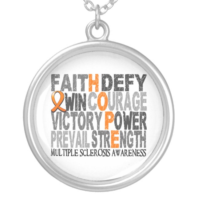 Hope Word Collage Multiple Sclerosis Silver Plated Necklace (Front)