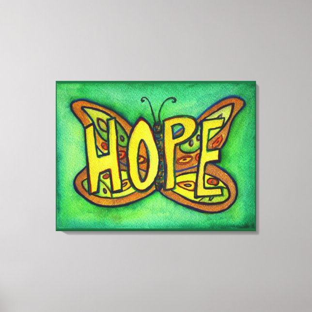 Hope Word Green Butterfly Painting Canvas Artwork Print (Front)