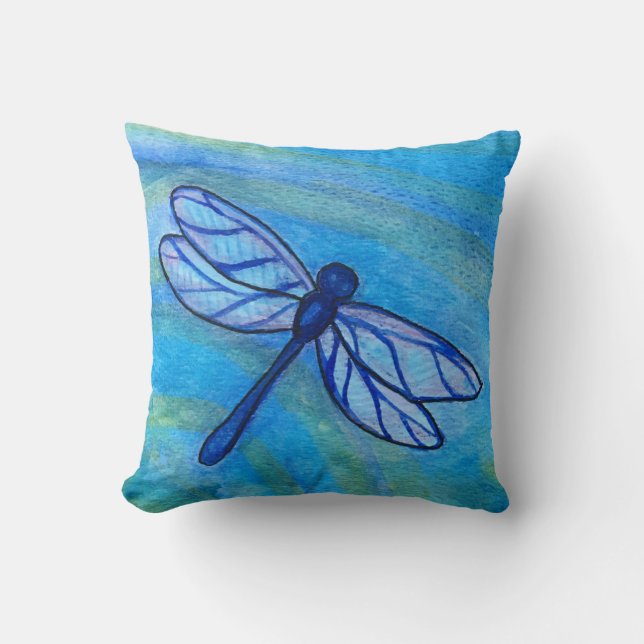 Hopeful Blue Dragonfly Peaceful Watercolor Throw Pillow (Front)