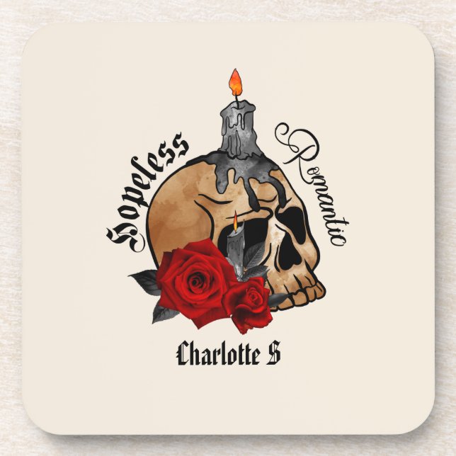 Hopeless Romantic – Gothic Skull, Red Rose Beverage Coaster (Front)