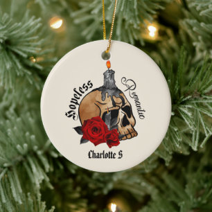 Hopeless Romantic – Gothic Skull, Red Rose Ceramic Ornament