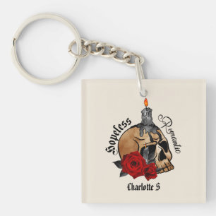 Hopeless Romantic – Gothic Skull, Red Rose Keychain