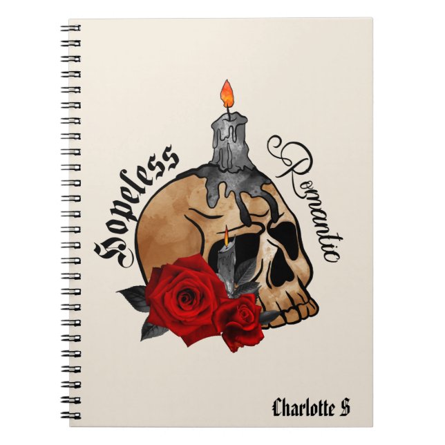 Hopeless Romantic – Gothic Skull, Red Rose Notebook (Front)