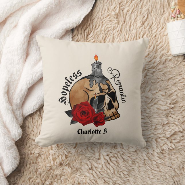 Hopeless Romantic – Gothic Skull, Red Rose Throw Pillow (Blanket)