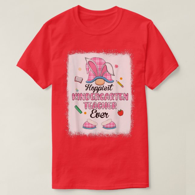 Hoppiest Kindergarten Teacher Ever Plaid Gnome Bun T-Shirt (Design Front)