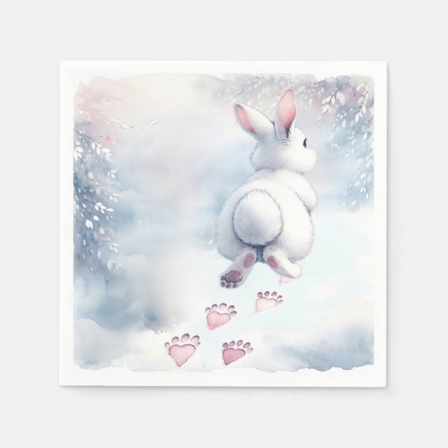 Hopping Bunny Leaving Heart Paw Prints Napkins (Front)
