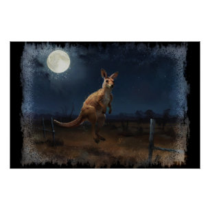 Hopping Kangaroo & Full Moon Poster