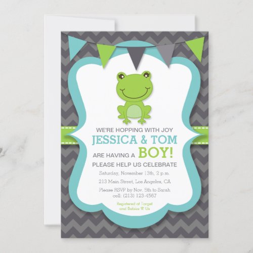 Hopping with Joy Frog Boy Baby Shower Invitation