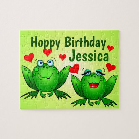 Hoppy Birthday Custom Name Cute Green Frogs Hearts Jigsaw Puzzle