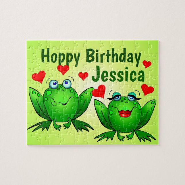 Hoppy Birthday Custom Name Cute Green Frogs Hearts Jigsaw Puzzle (Horizontal)