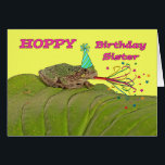 Hoppy Birthday for Sister, Frog Birthday Party<br><div class="desc">Bright and colorful birthday card for a sister. Card has a nature theme of a frog on a large Hosta leaf. Digital elements added to the festive scene include a party hat, and party favor horn with shooting streamers and stars in various colors. Art, image, and verse copyright © Shoaff...</div>