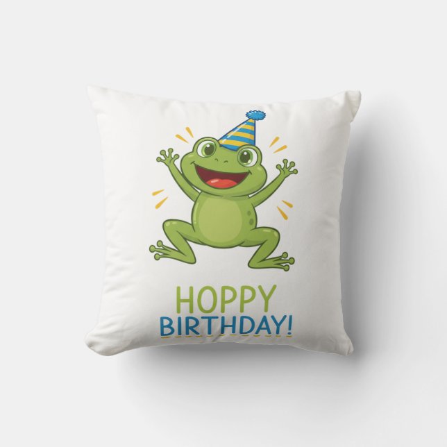 Hoppy Birthday Funny Frog Kids Throw Pillow (Front)
