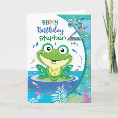 Hoppy Birthday Green Frog Boy age 2 Card