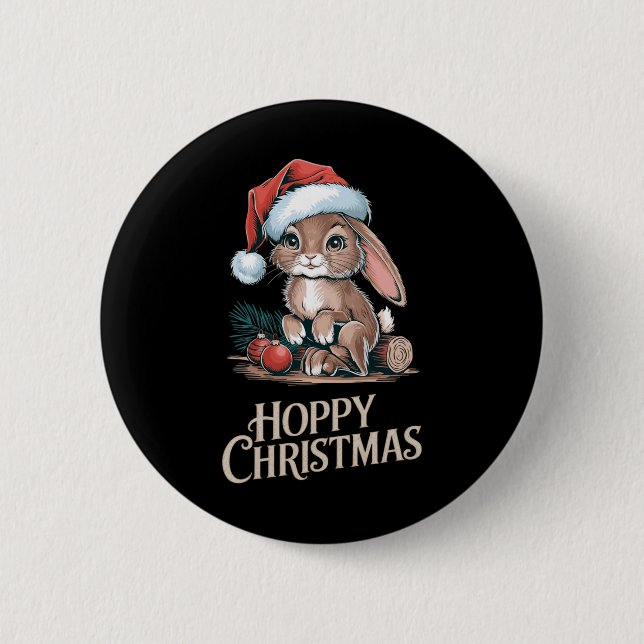 Hoppy Christmas Cute Bunny Santa Hat Holiday Anima Button (Front)