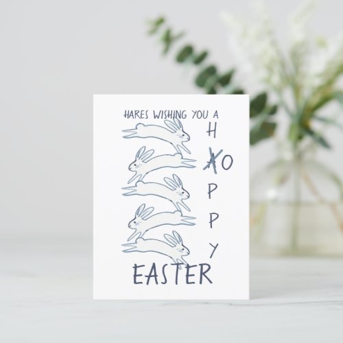 Hoppy Easter Blue Rabbit Hare Simple Drawing Cute Holiday Postcard