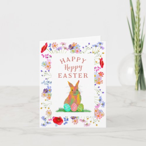 Hoppy Easter Bunny and Eggs Floral Card