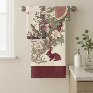Hoppy Easter Bunny Art Nouveau Burgundy Farmhouse Bath Towel Set