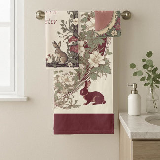 Hoppy Easter Bunny Art Nouveau Burgundy Farmhouse Bath Towel Set