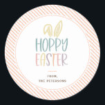 Hoppy Easter Bunny Ears Classic Round Sticker<br><div class="desc">Hoppy Easter Sticker. Cute and colorful,  playful typography with bunny ear accent and spring orange pattern border.</div>
