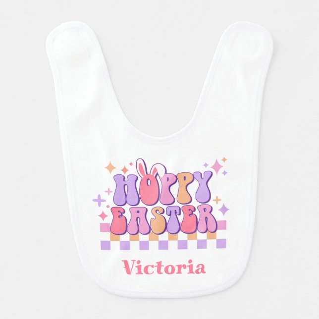 Hoppy Easter Bunny Ears Personalized Baby Bib (Front)