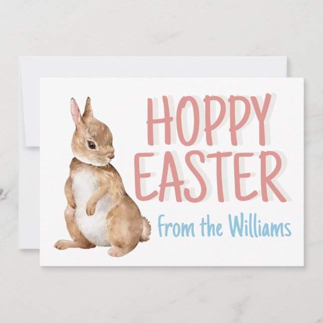 Hoppy Easter Bunny Rabbit Personalized Cute Pink Holiday Card (Front)