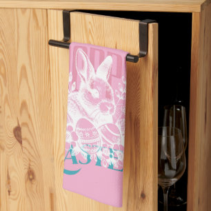 Hoppy Easter Bunny Stamp Pink Kitchen Towel