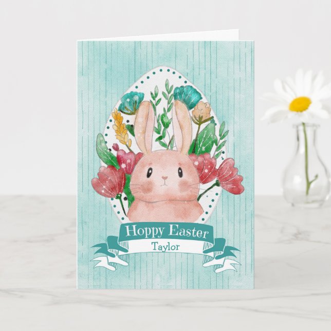 Hoppy Easter Bunny with Flowers Card (Small Plant)