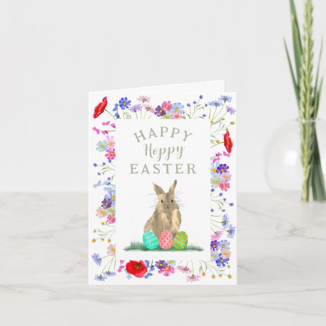 Hoppy Easter Cute Bunny and Eggs Floral Card (Front)