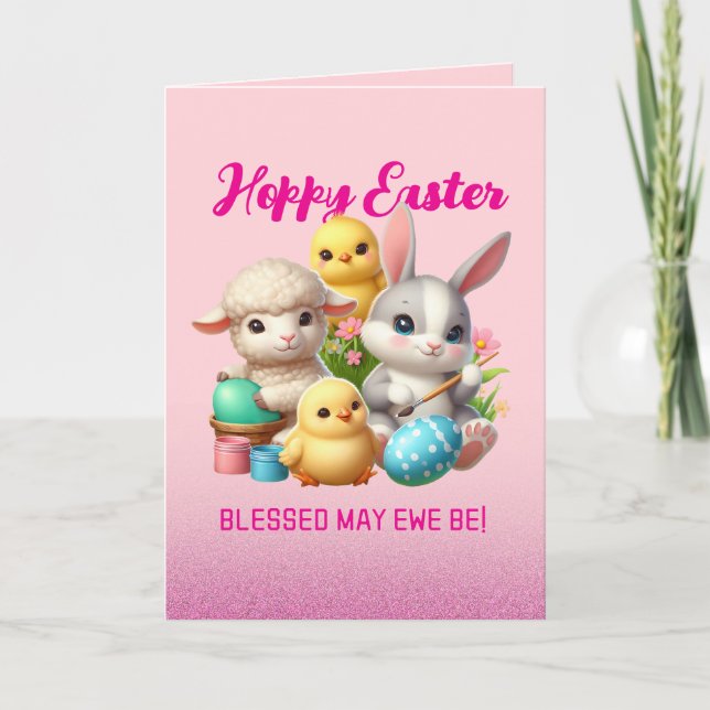 Hoppy Easter Cute Bunny Chicks Lamb Painting Eggs Holiday Card (Front)