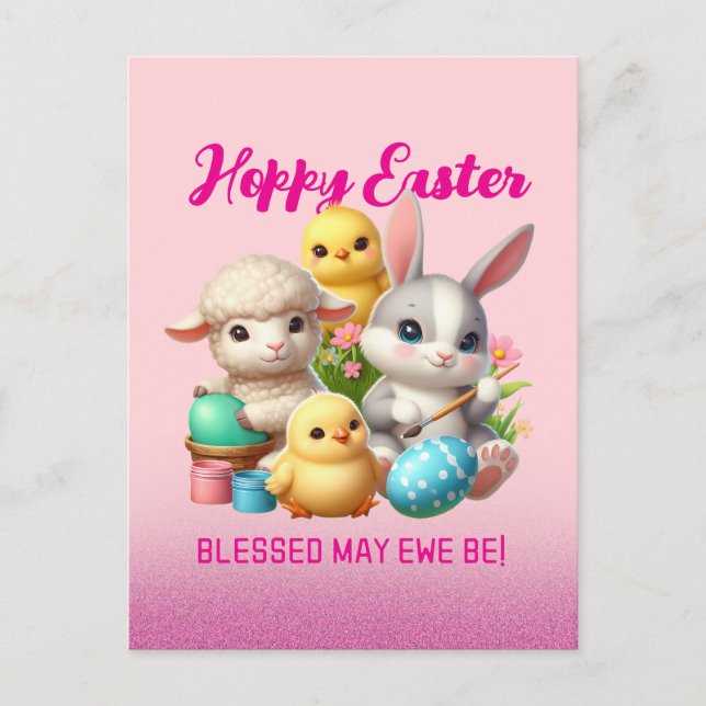 Hoppy Easter Cute Bunny Chicks Lamb Painting Eggs Holiday Postcard (Front)