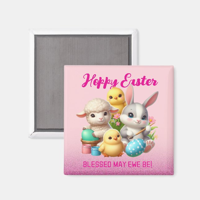 Hoppy Easter Cute Bunny Chicks Lamb Painting Eggs Magnet (Front/Back)