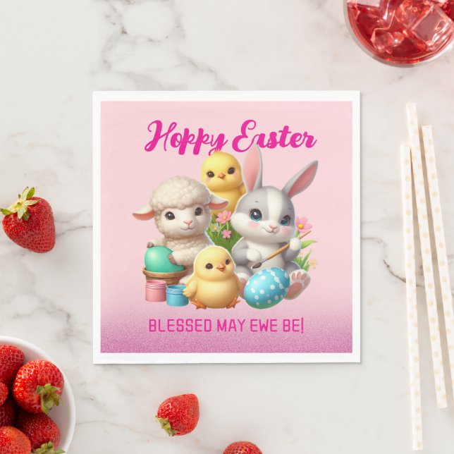 Hoppy Easter Cute Bunny Chicks Lamb Painting Eggs Napkins (Insitu)