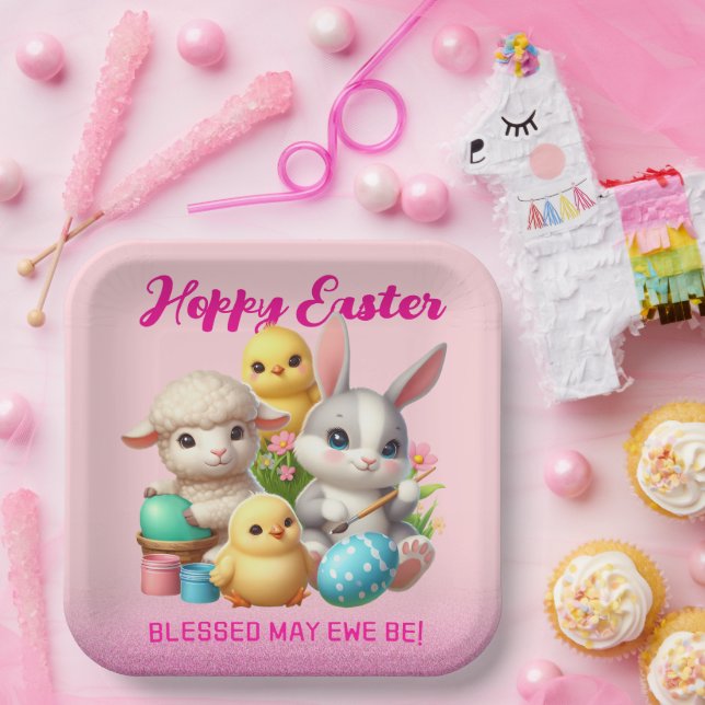Hoppy Easter Cute Bunny Chicks Lamb Painting Eggs Paper Plates (Party)
