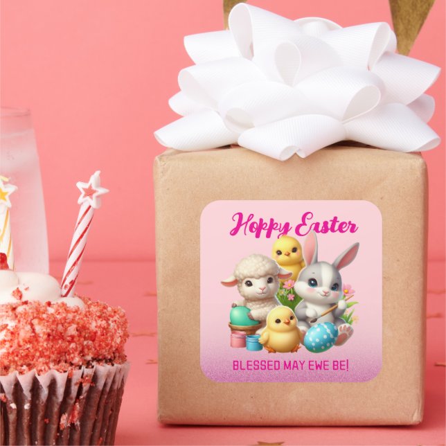 Hoppy Easter Cute Bunny Chicks Lamb Painting Eggs Square Sticker (Party)